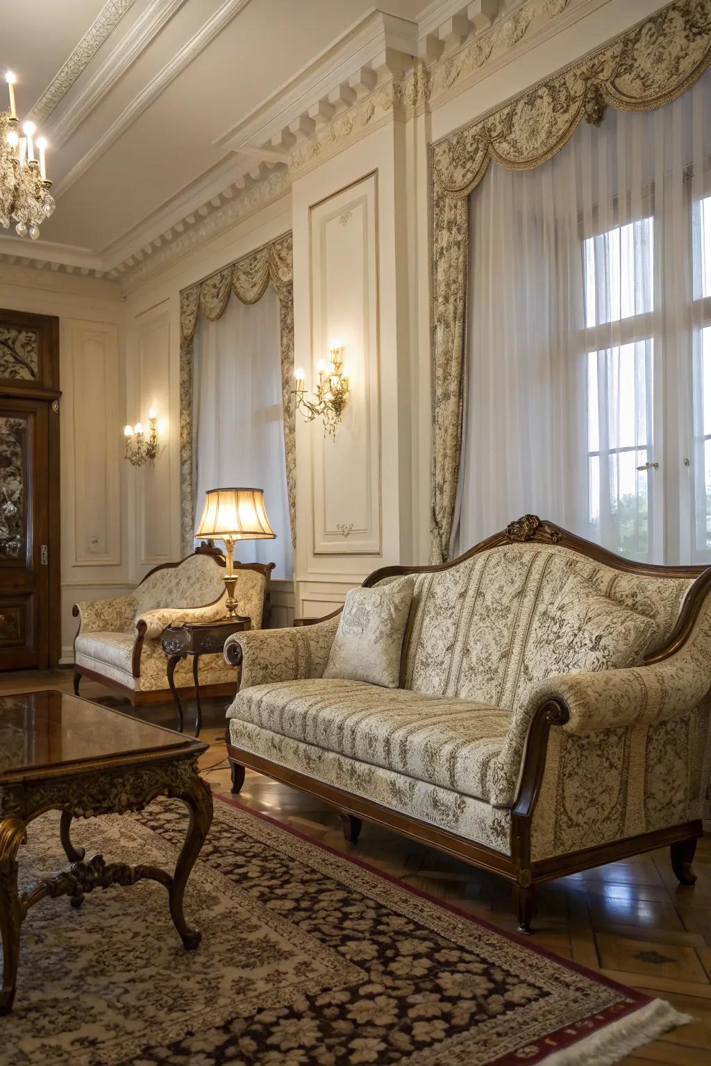 Damask textiles injecting lush elegance into a colonial-inspired chamber.