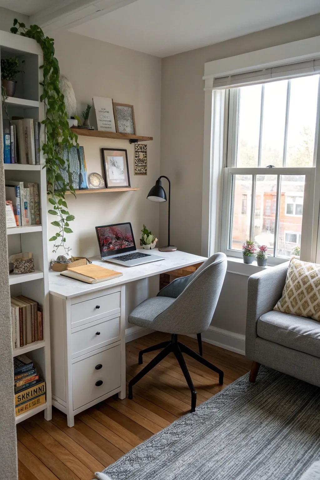 A home office nook develops a functional workspace in tight spaces.