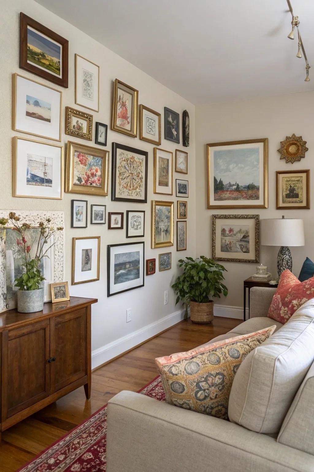 A lively gallery wall enhances personality and style within the living room.