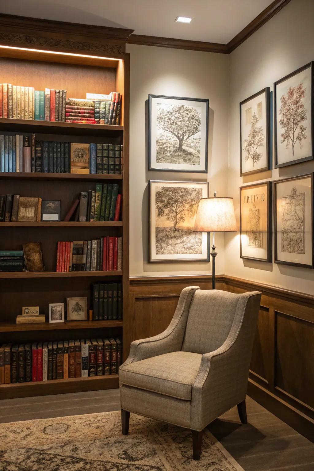 Showcasing art above bookshelves maximizes the visual impact of vertical space, adding sophistication and style.