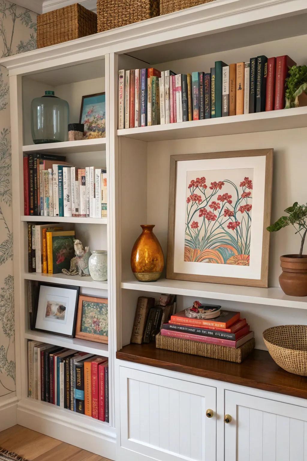 Art prints appending charm to a well-styled volume repository.