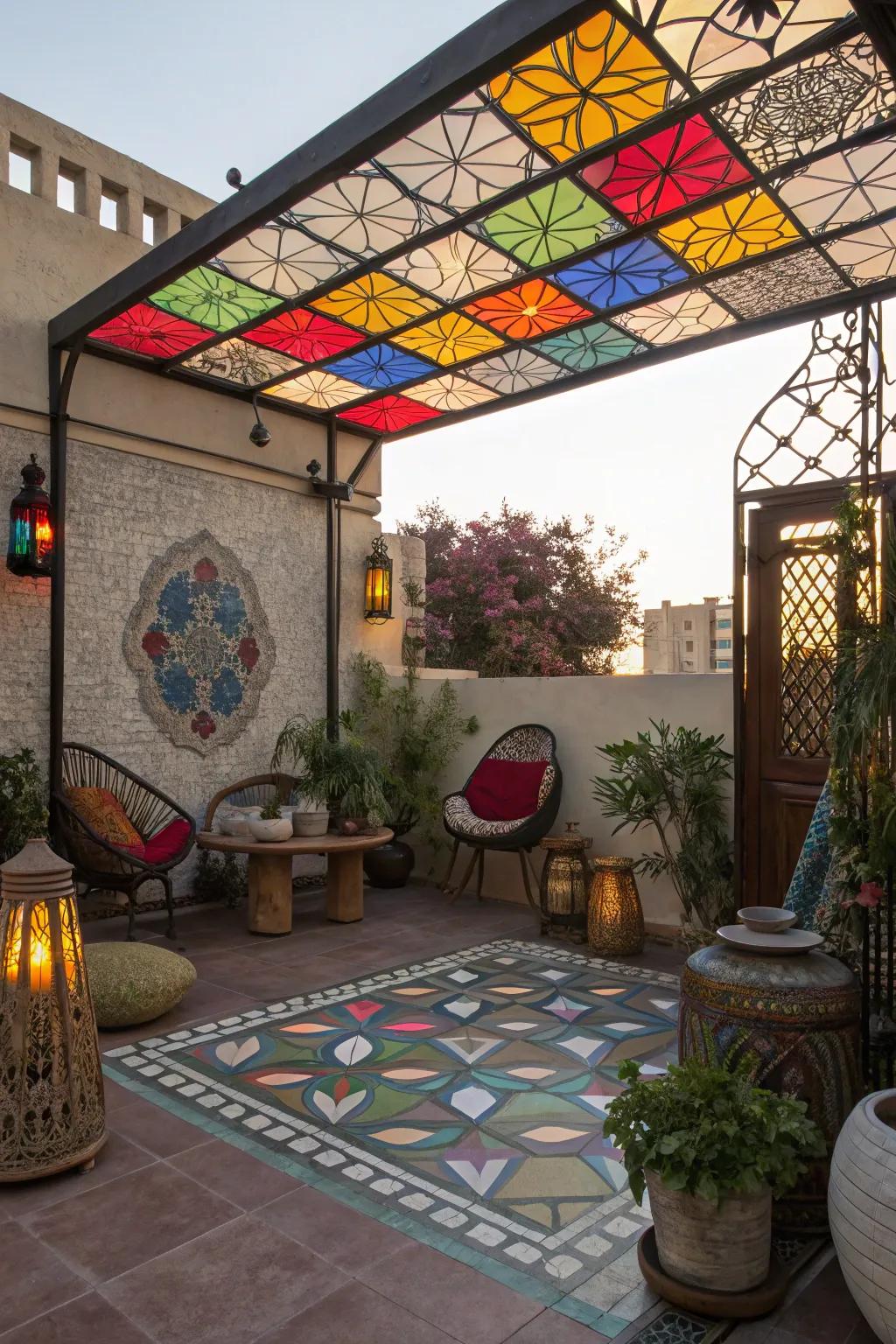 Add artistic flair with a colored glass overhead covering.