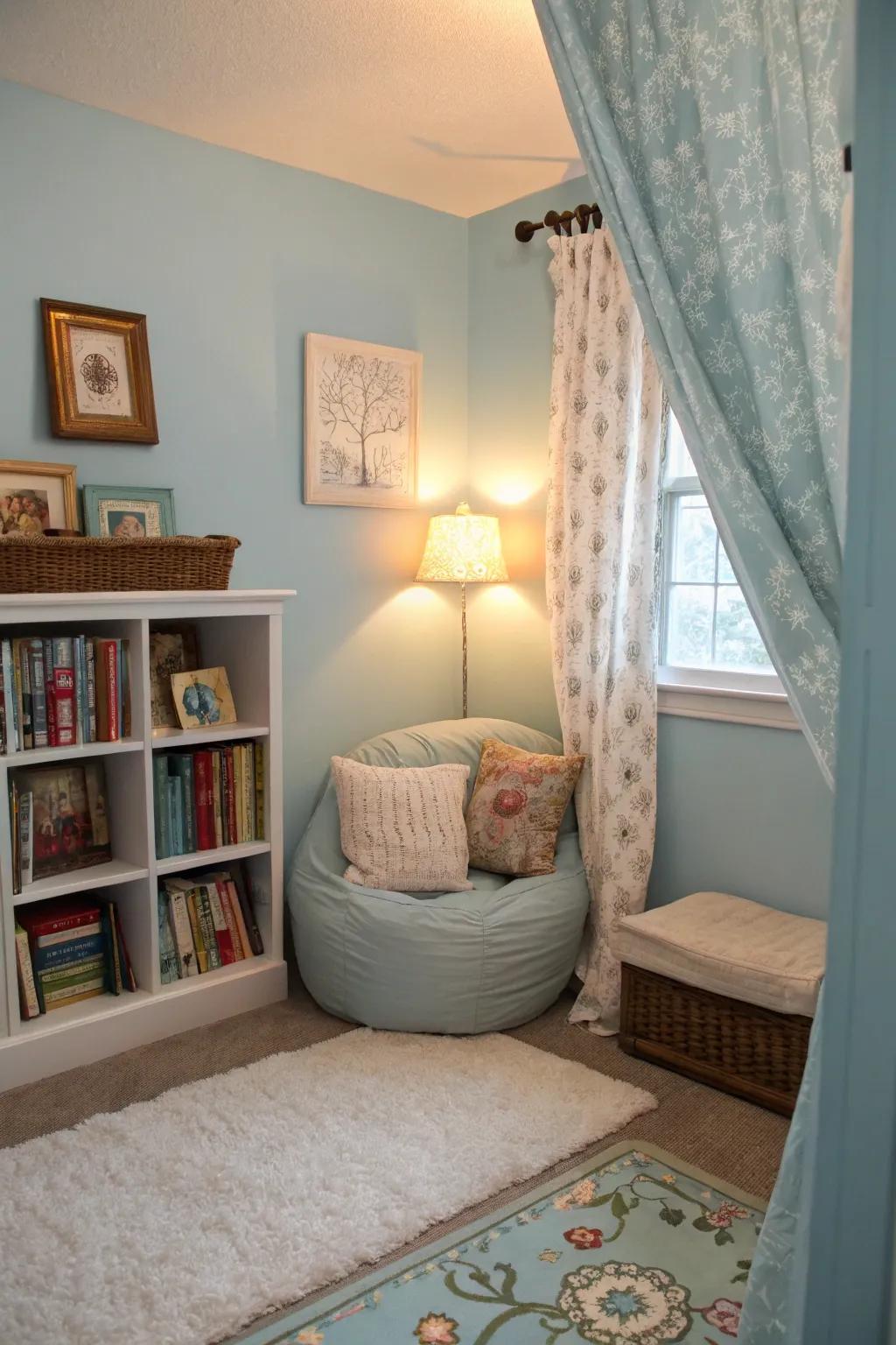 A relaxing nook accents the comfort of a soft sky-themed bedroom.