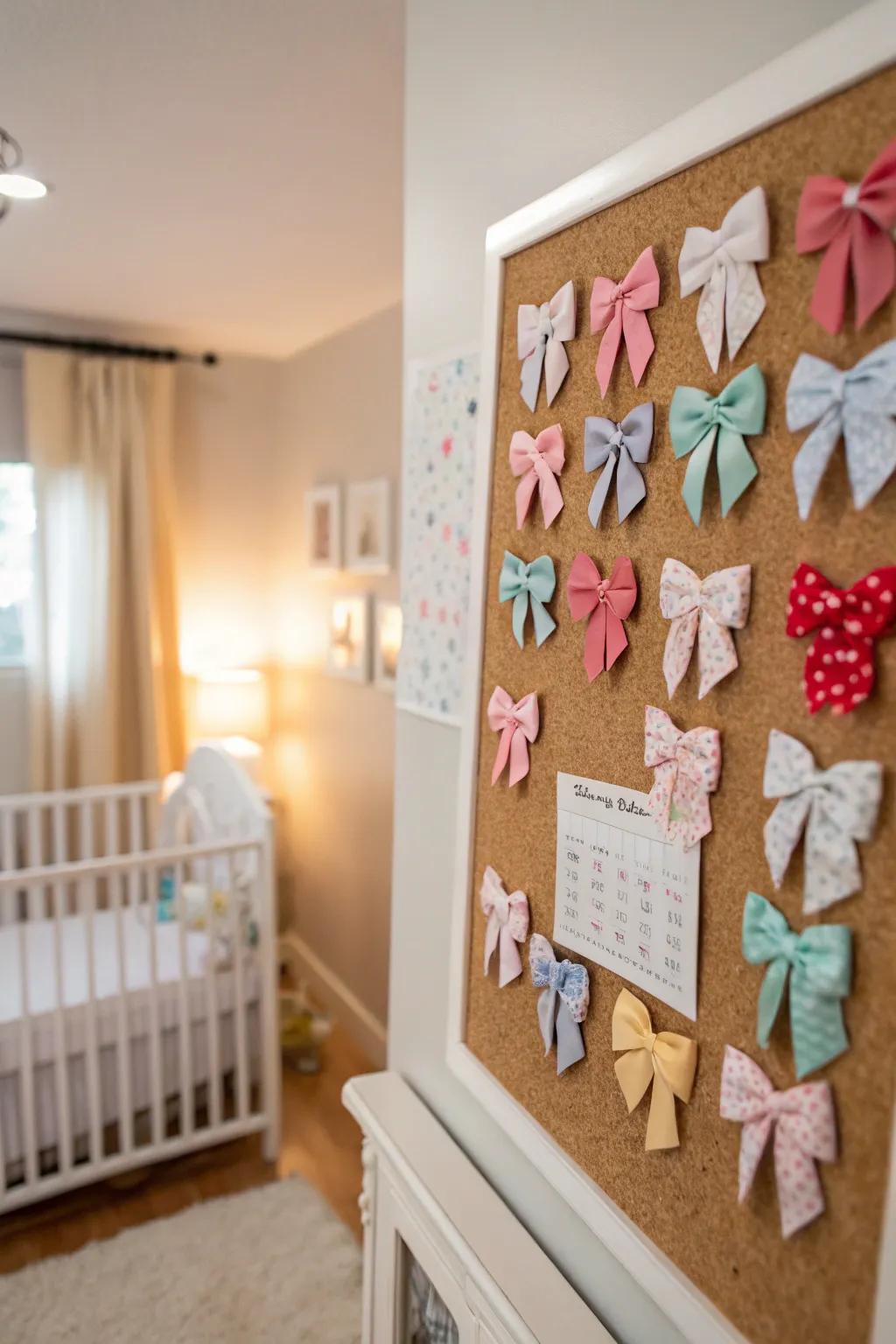 Relaxed corkboard display for organizing baby bows.
