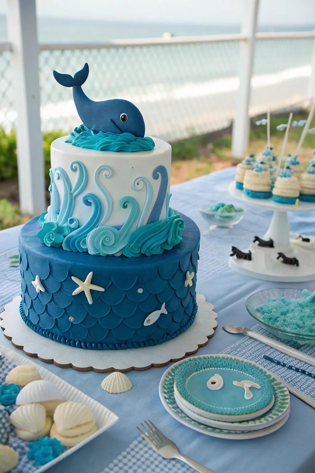 A big aquatic mammal-inspired cake featuring fun oceanic decorations.