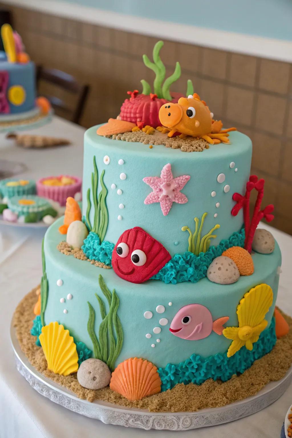 An ocean-themed dessert using vibrant elements for a baby boy shower.