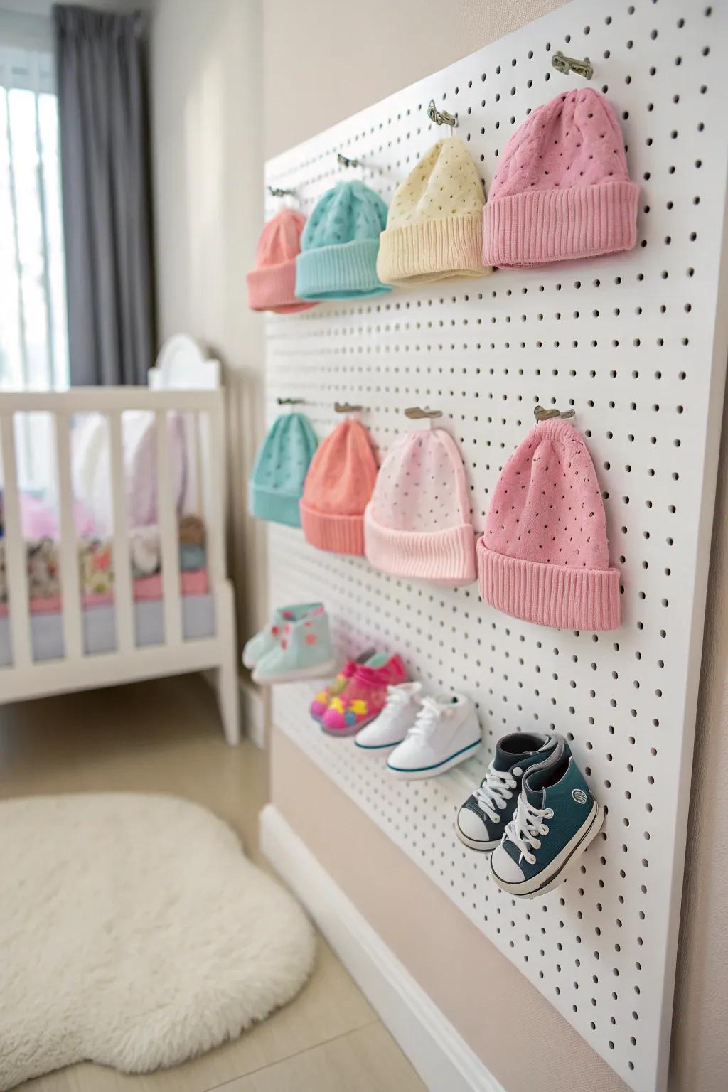 Pegboards offer a creative way to organize and display baby accessories.