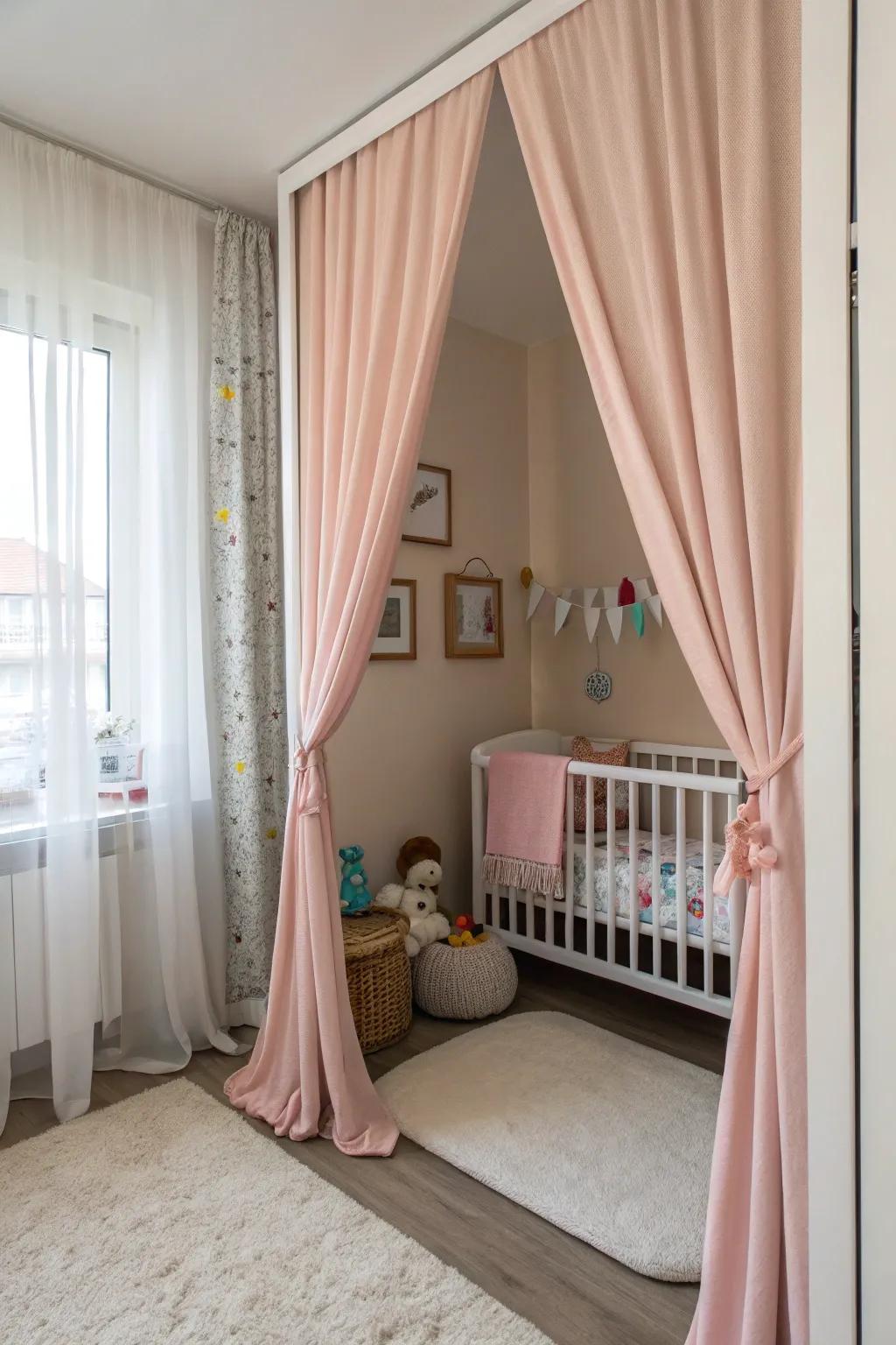 Drape dividers supply personal privacy, define the baby's corner within a shared area.