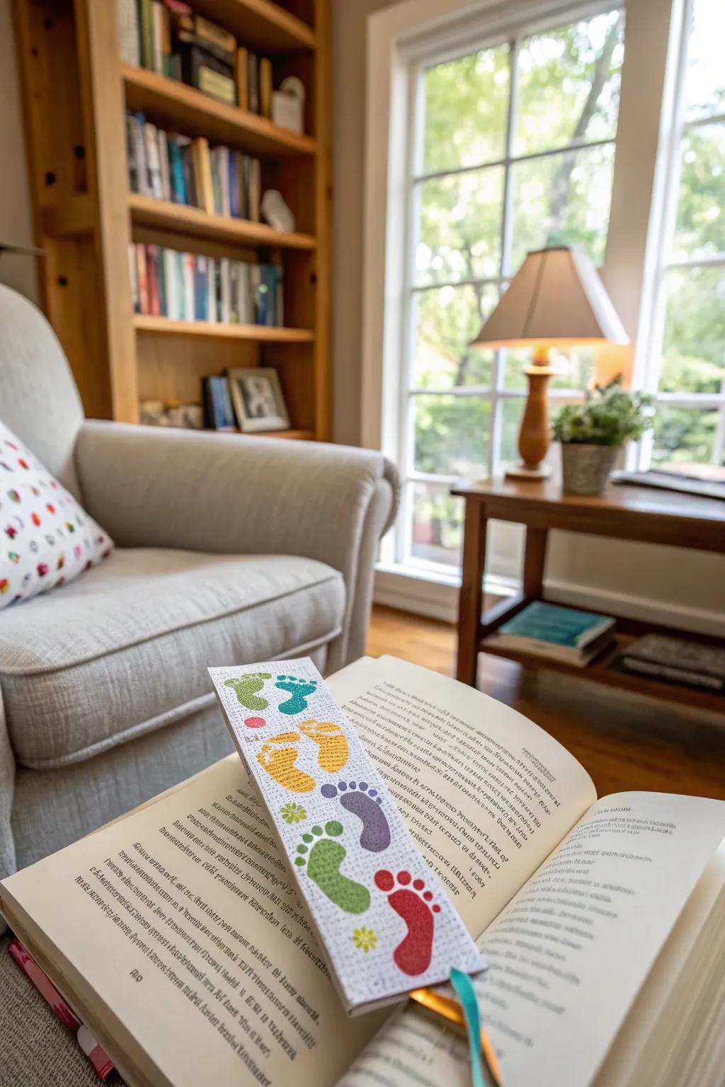 A delightful footprint bookmark destined for grandma's treasured reads.