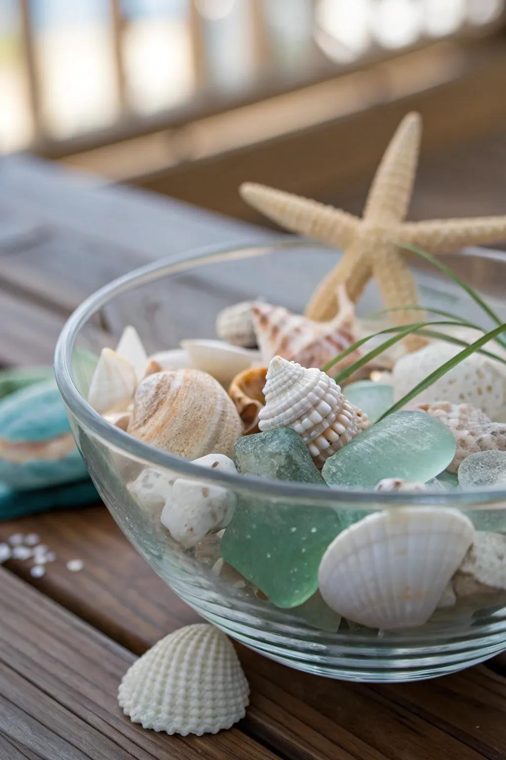 Seashells and marine glass transport the oceanic vista onto your established tabletop.