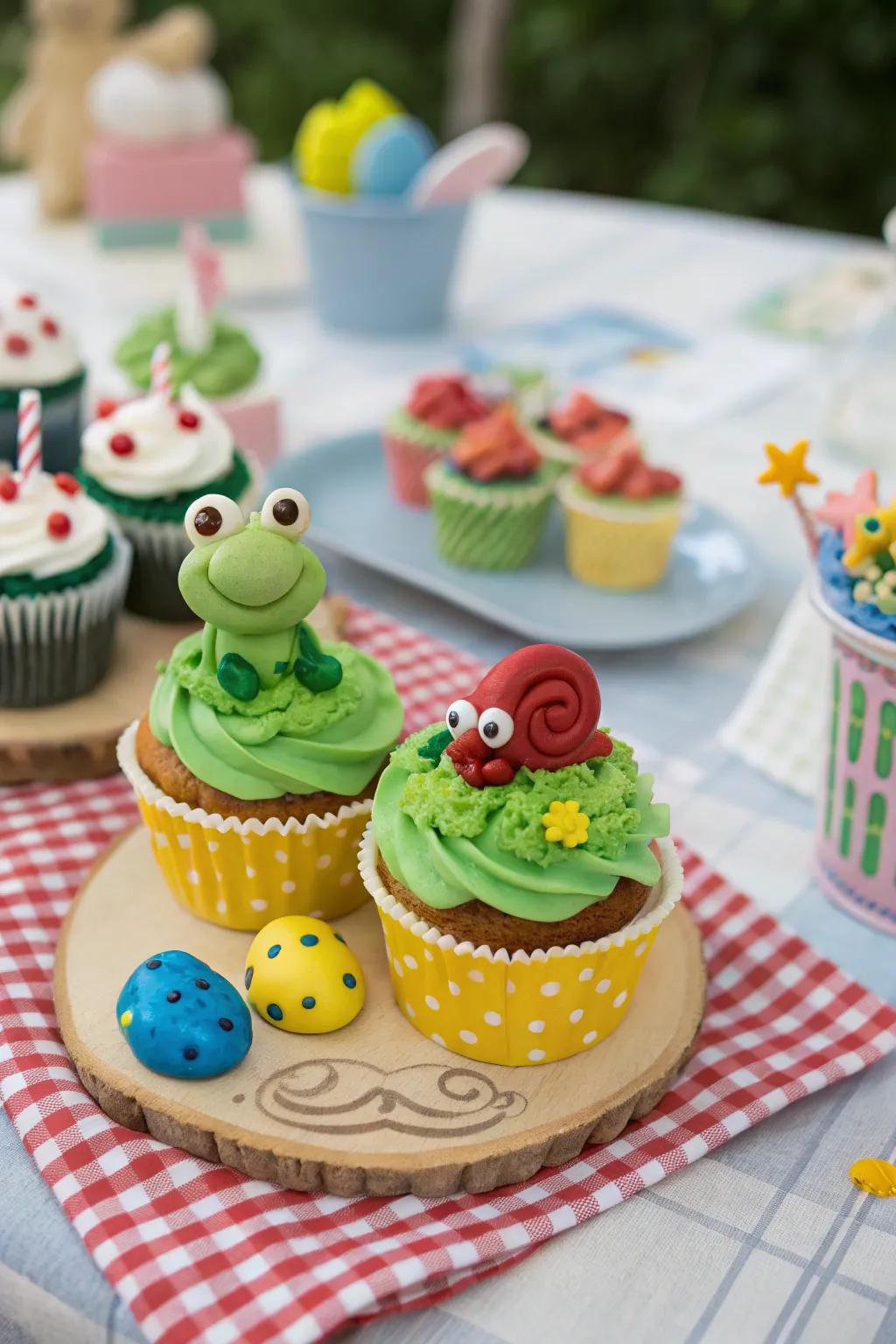Frog and mollusk-topped cupcakes for a boyish charm.