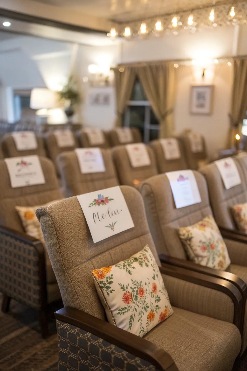 Personalized seating featuring custom name cards for visitors.