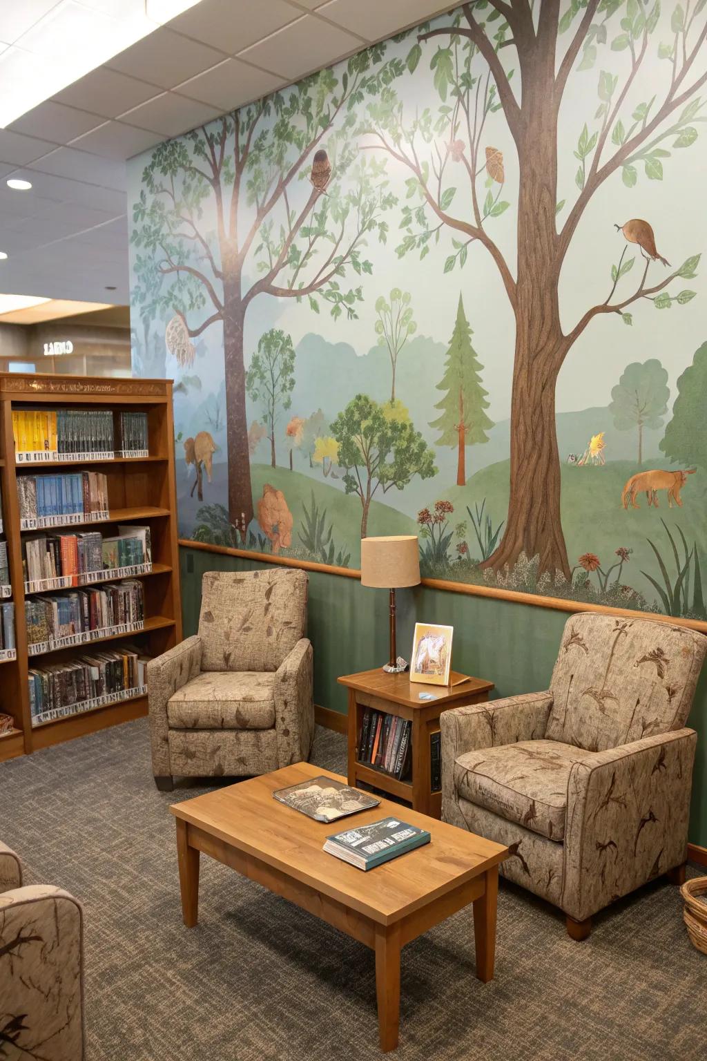 A reading room with a forest-themed wall featuring a woodland mural.