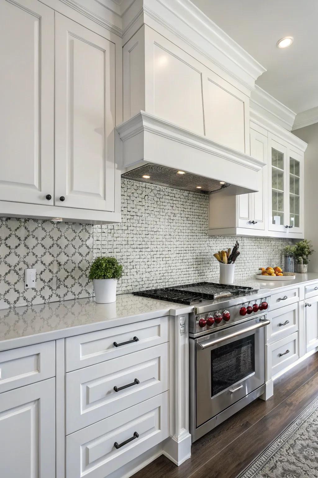 Uniform tiles present a minimalist aesthetic in this white kitchen.