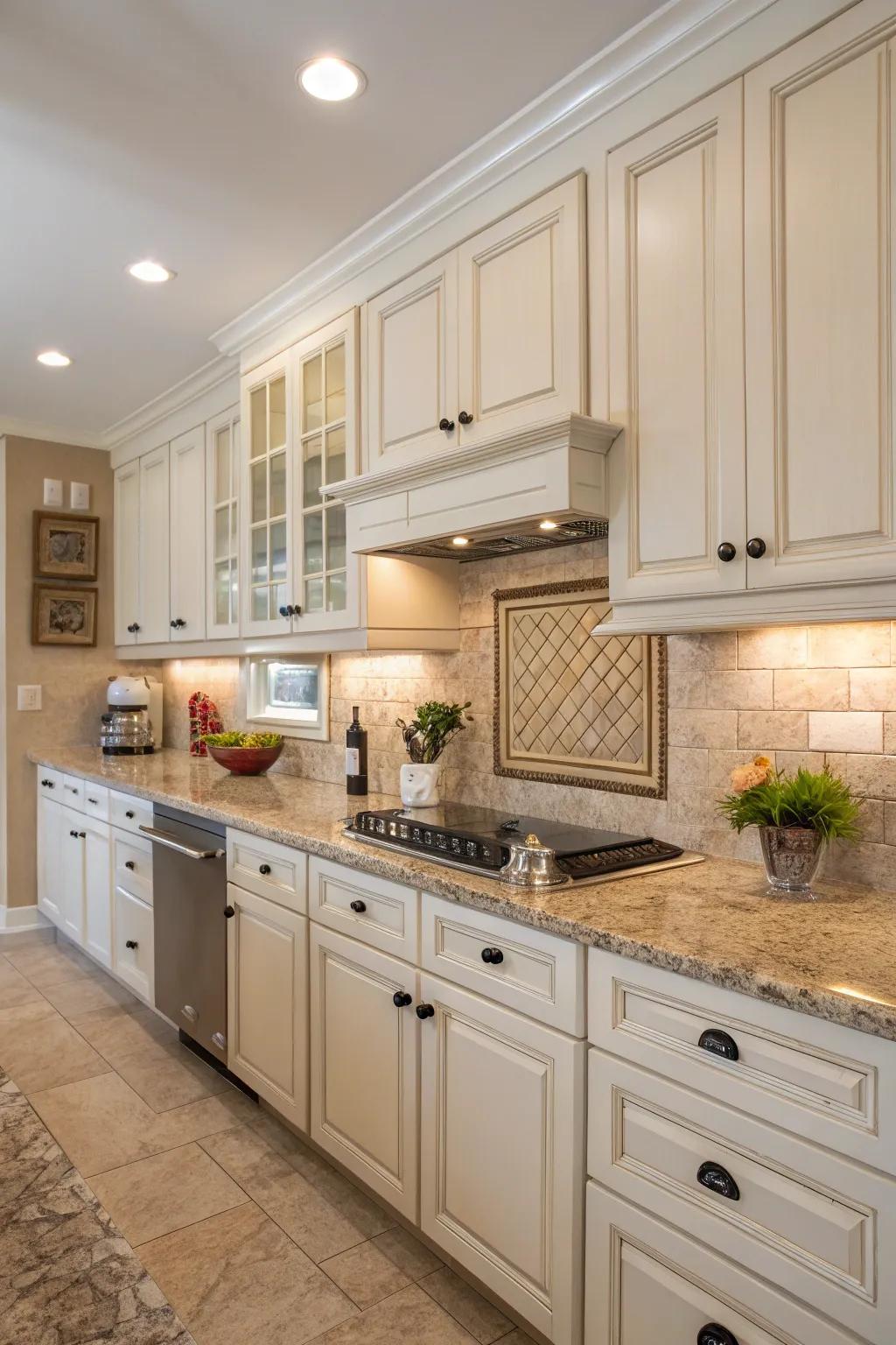 Comforting beige undertones give the kitchen a cozy and welcoming feel.