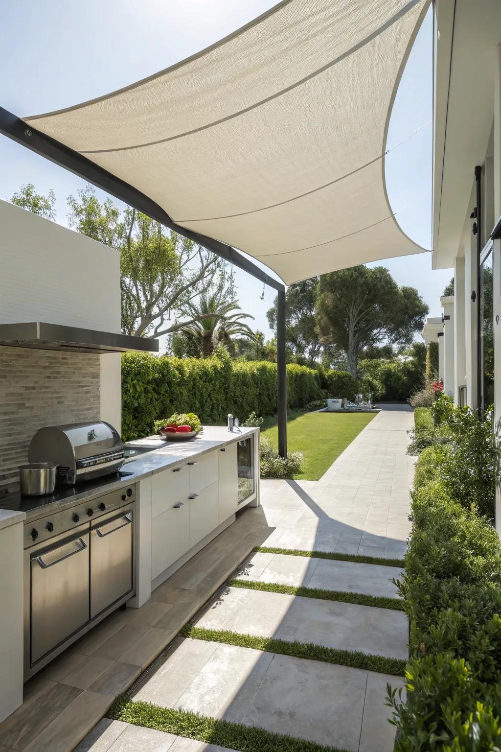 Sailing fabric furnishes a polished and contemporary safeguard for your outdoor cooking area.