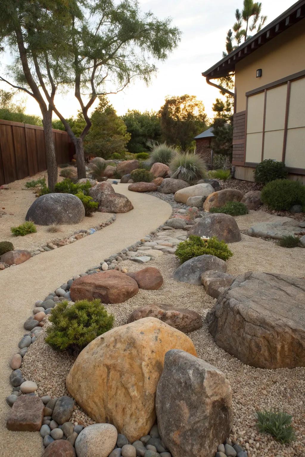 Integrate decomposed granite with rocks for a stunning and low-maintenance garden feature.