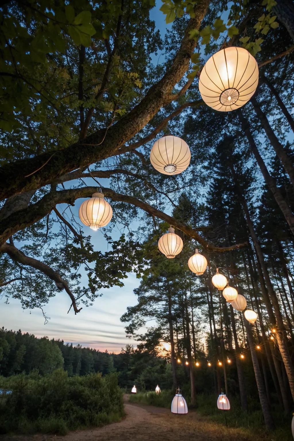 Quirky lanterns contribute a charming and magical radiance to the party.