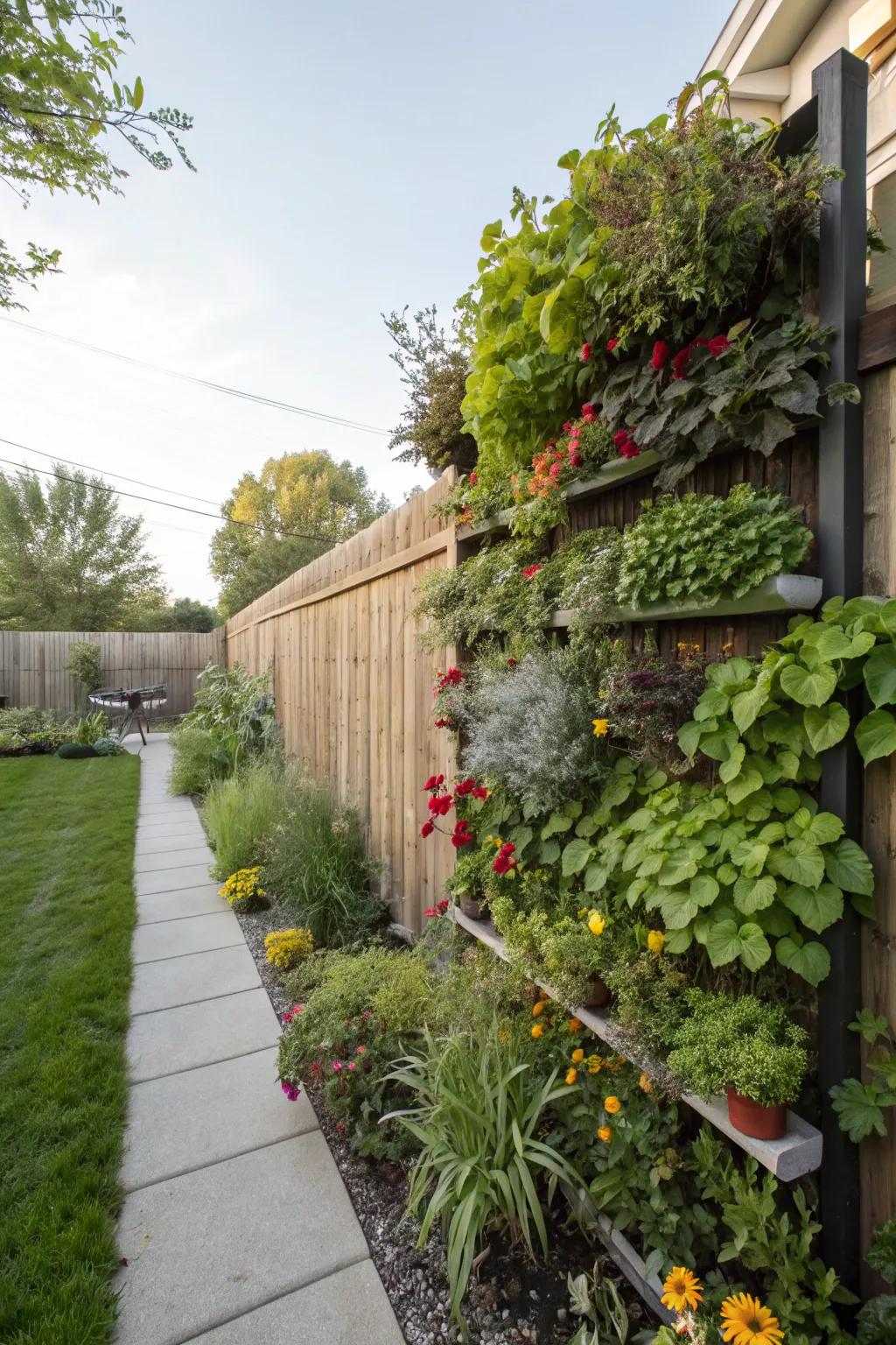 A vertical garden brings life and greenery to backyard walls.
