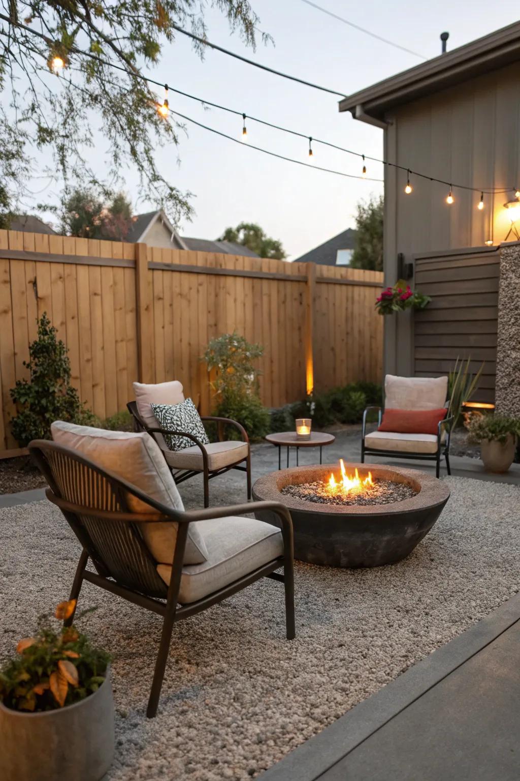 Gravel flooring conveys casual simplicity and repose to patios.