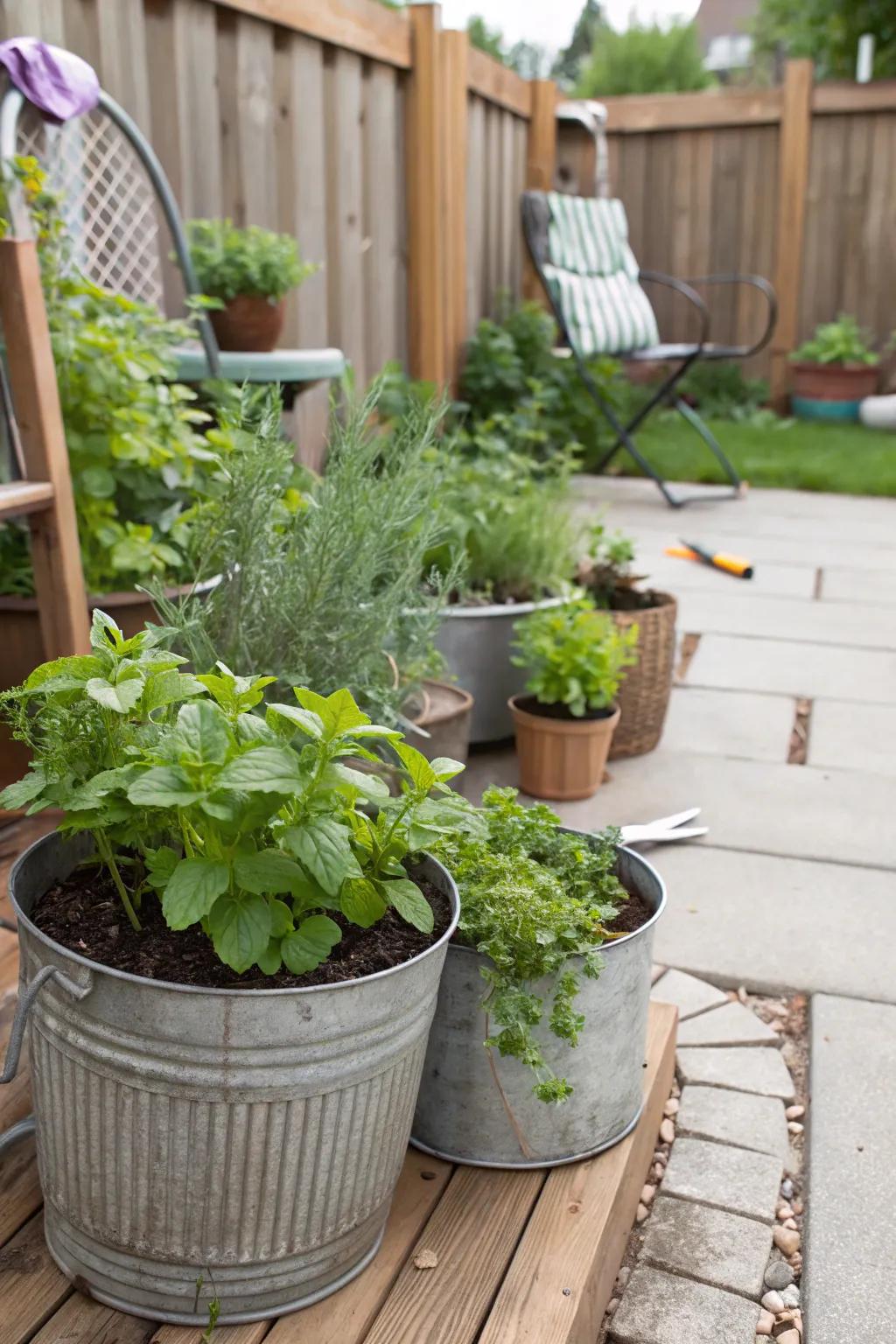 A vibrant herb garden in recycled containers.