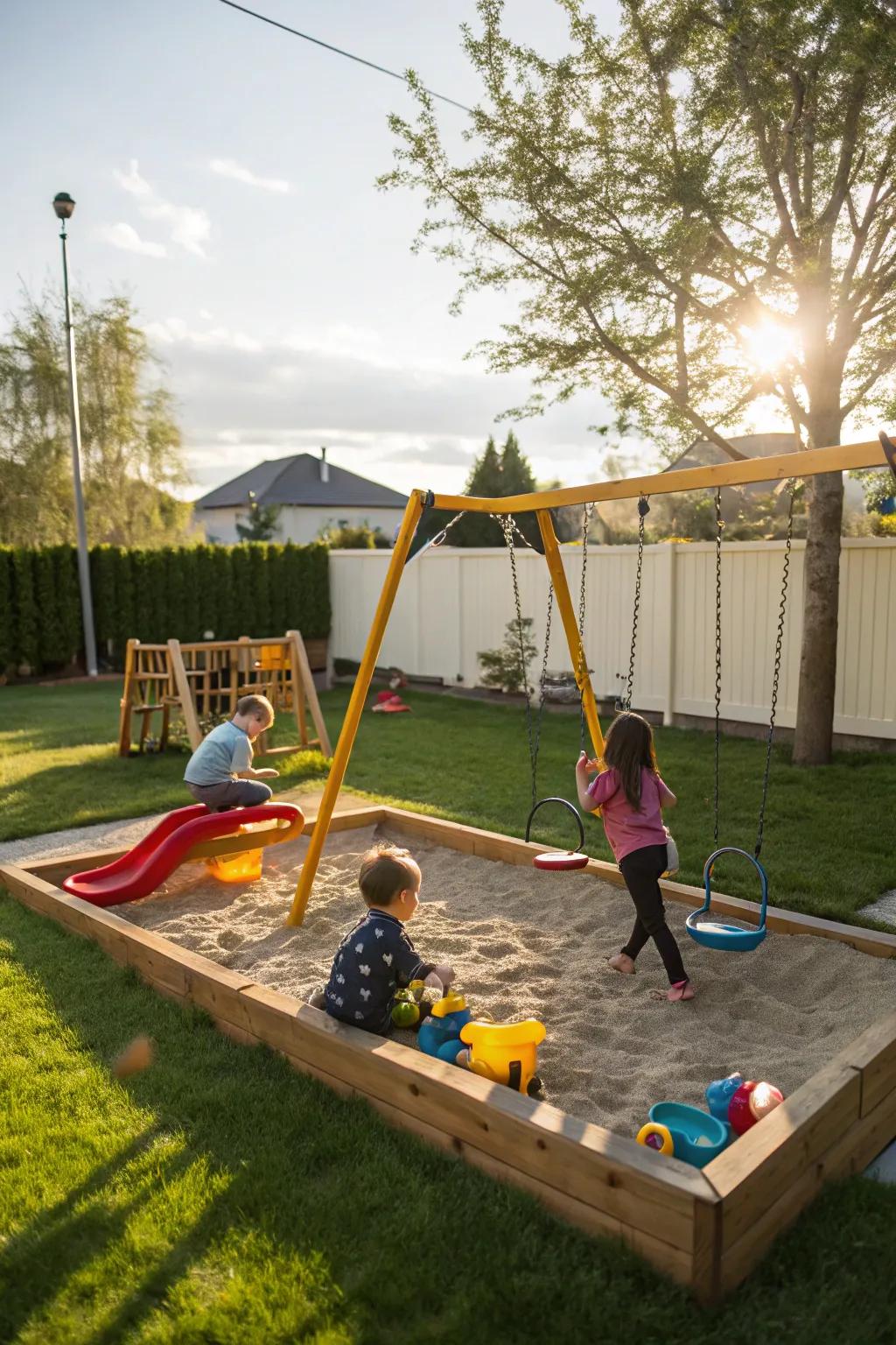 Children's play areas render the backyard a jubilant space for the entire family.