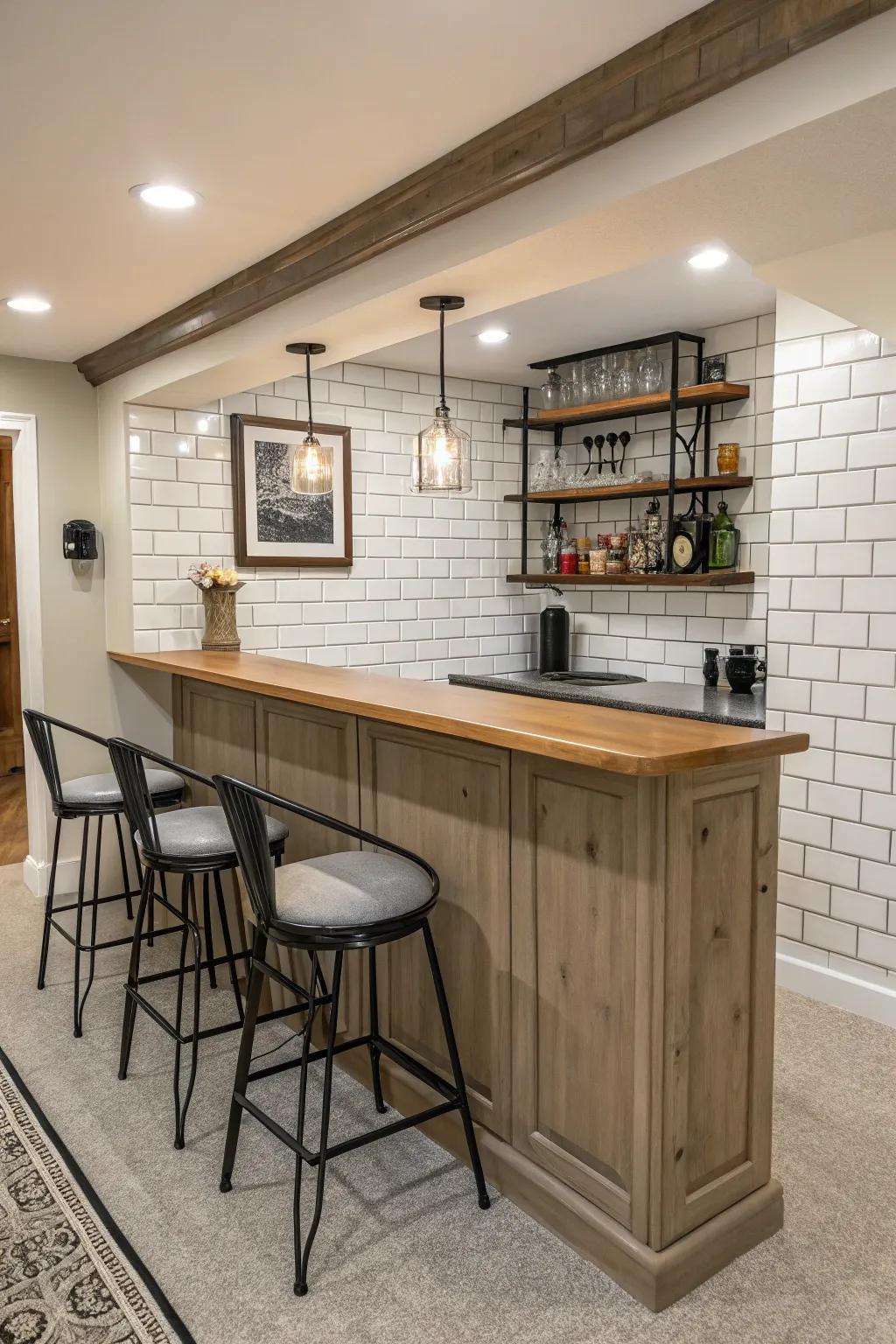 A home bar with a timeless subway square backsplash in neutral colors.