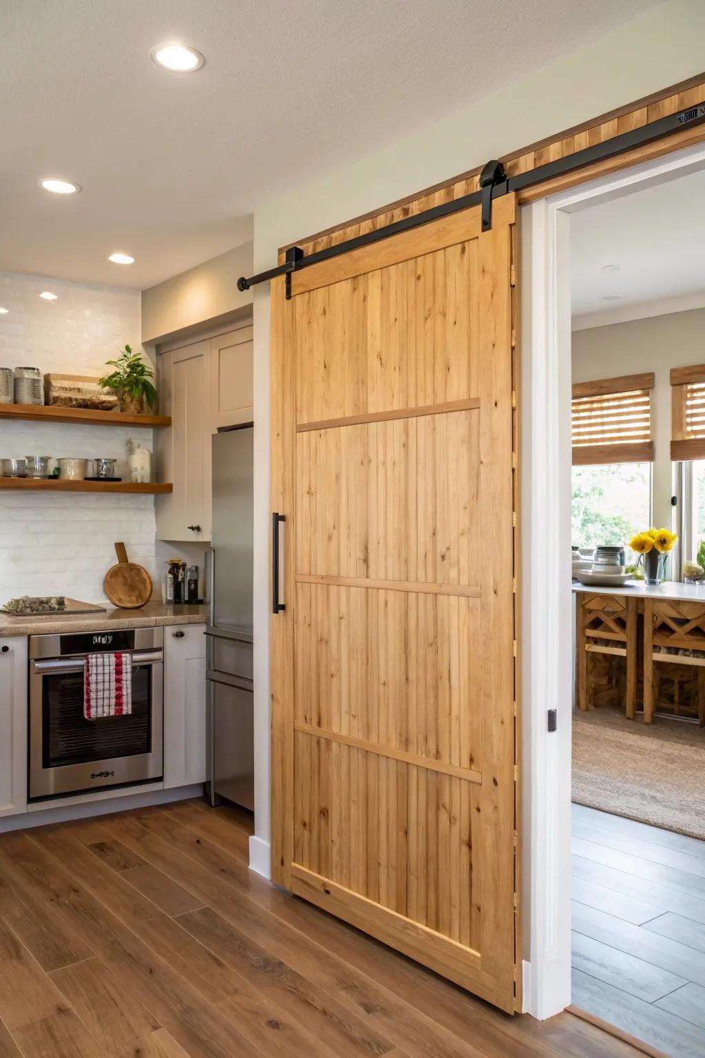 A kitchen featuring a sliding barn door pantry, fashioned from bamboo.