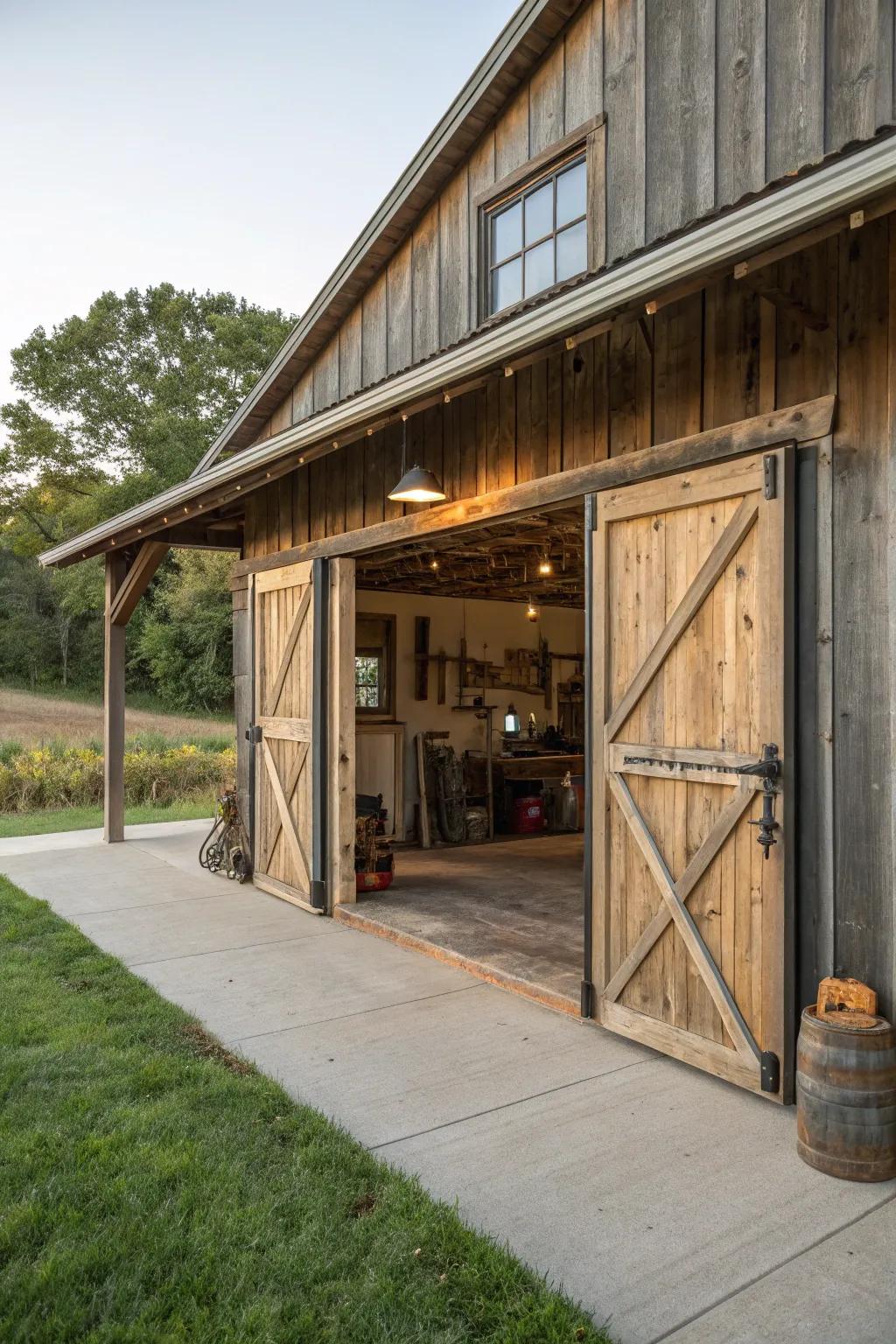 Sliding barn entrances contribute a rustic touch and conserve space in this garage.