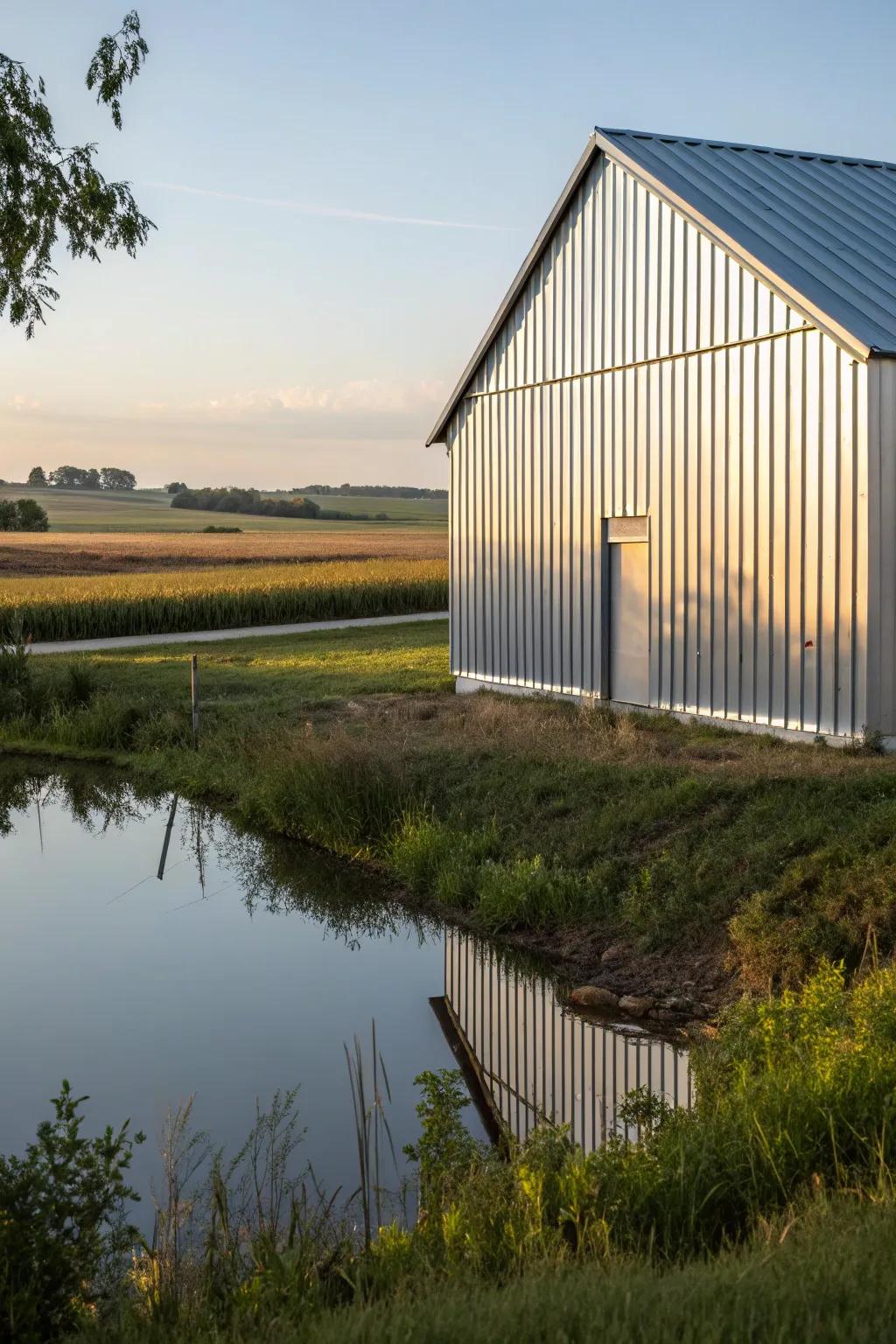 A barn glowing with galvalume siding that's got that modern heart and is built to last.