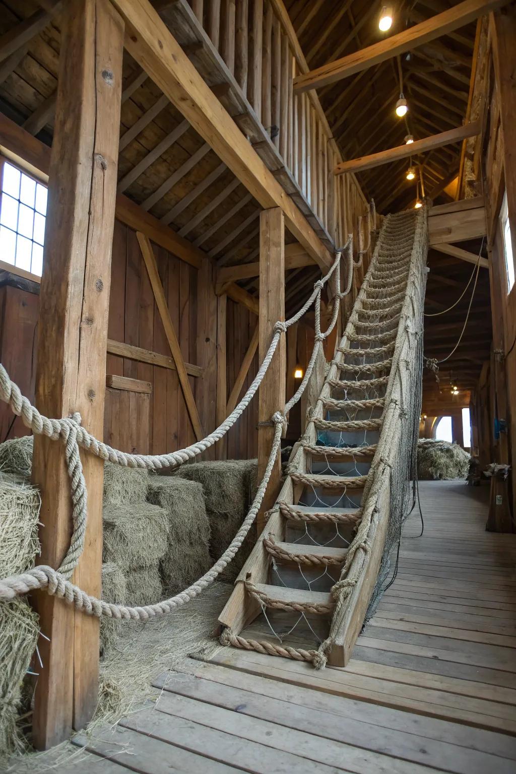 A weathered rope bridge design adds whimsy and adventure to barn stairs.