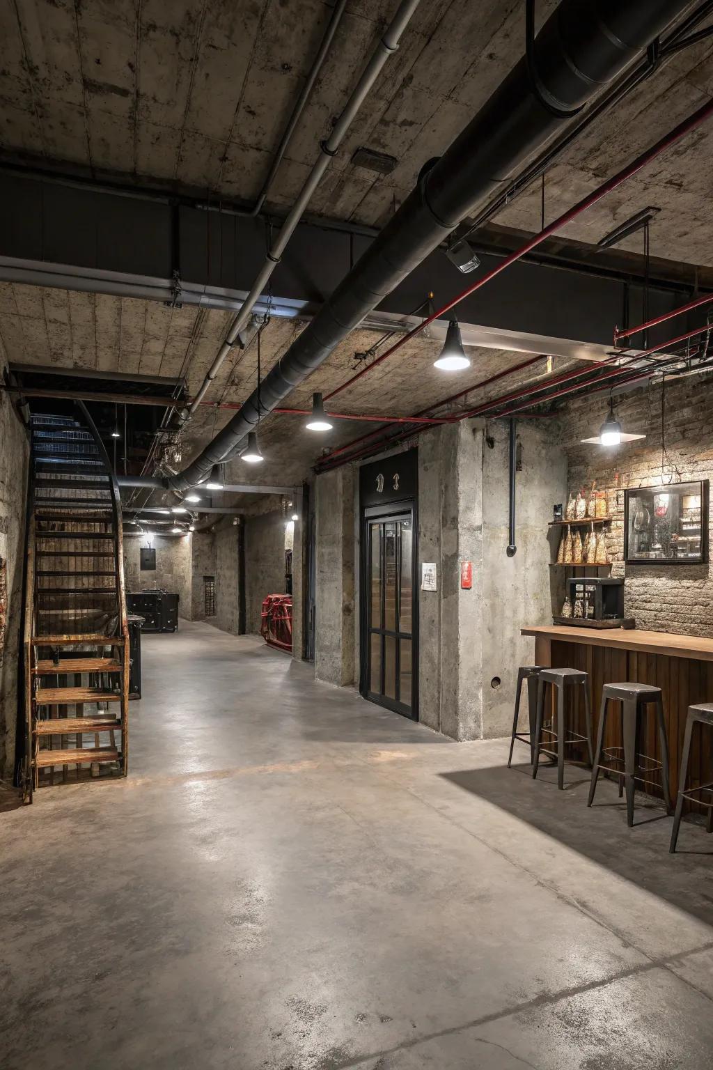 Accept industrial chic with cement floors, exposed beams, and metallic touches.