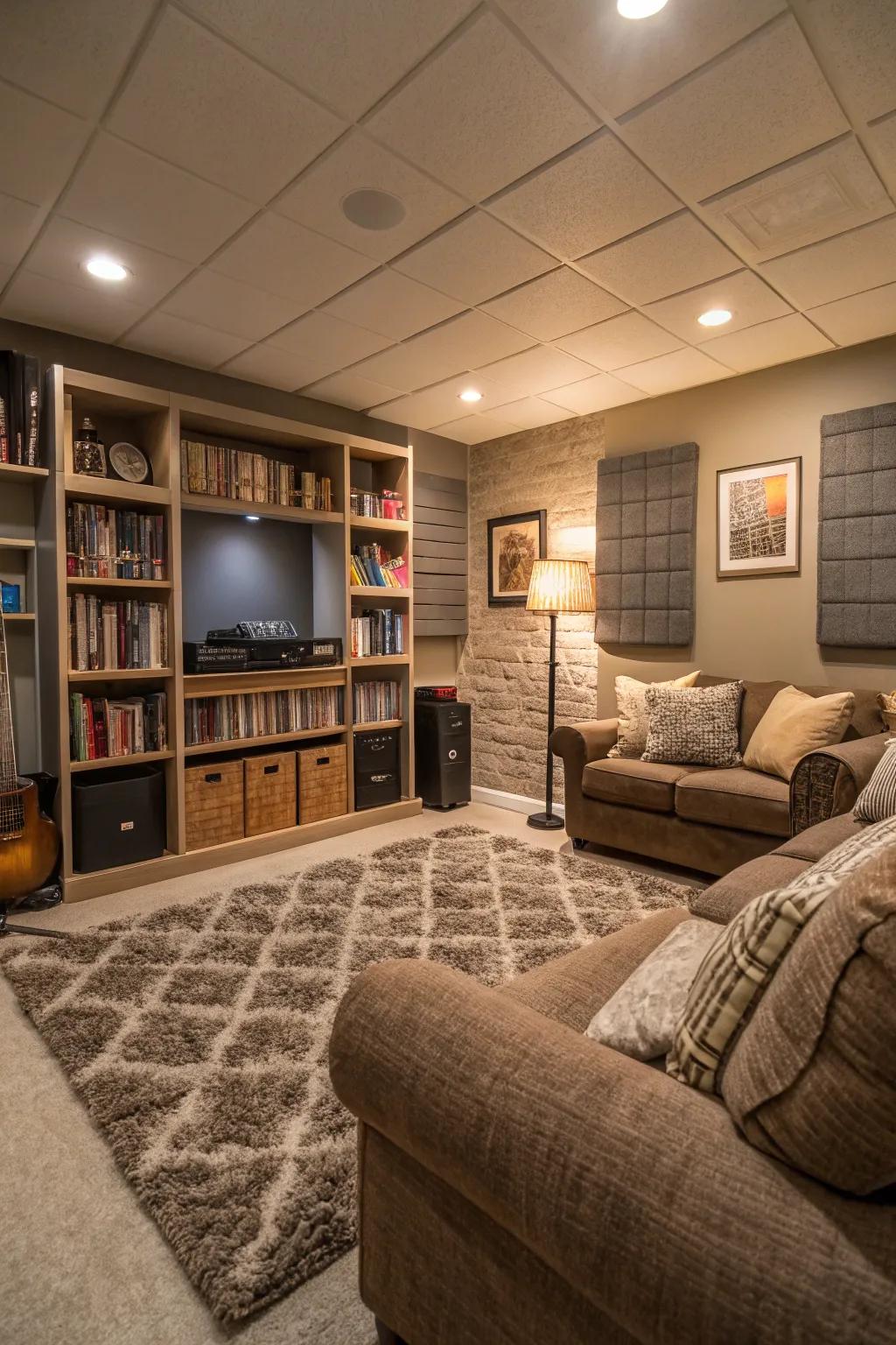 Soundproofing enhances the tranquility and comfort of this basement family area.