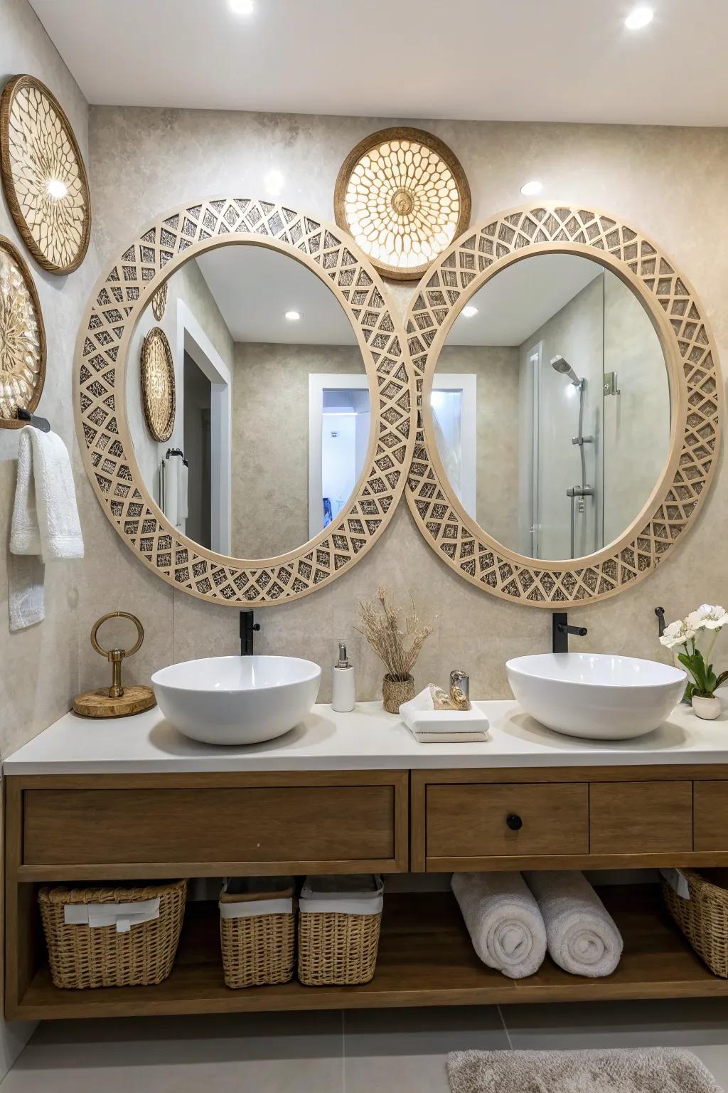 A bathroom spotlighting distinct reflecting glass patterns, contributing an inventive and functional element to the decor.