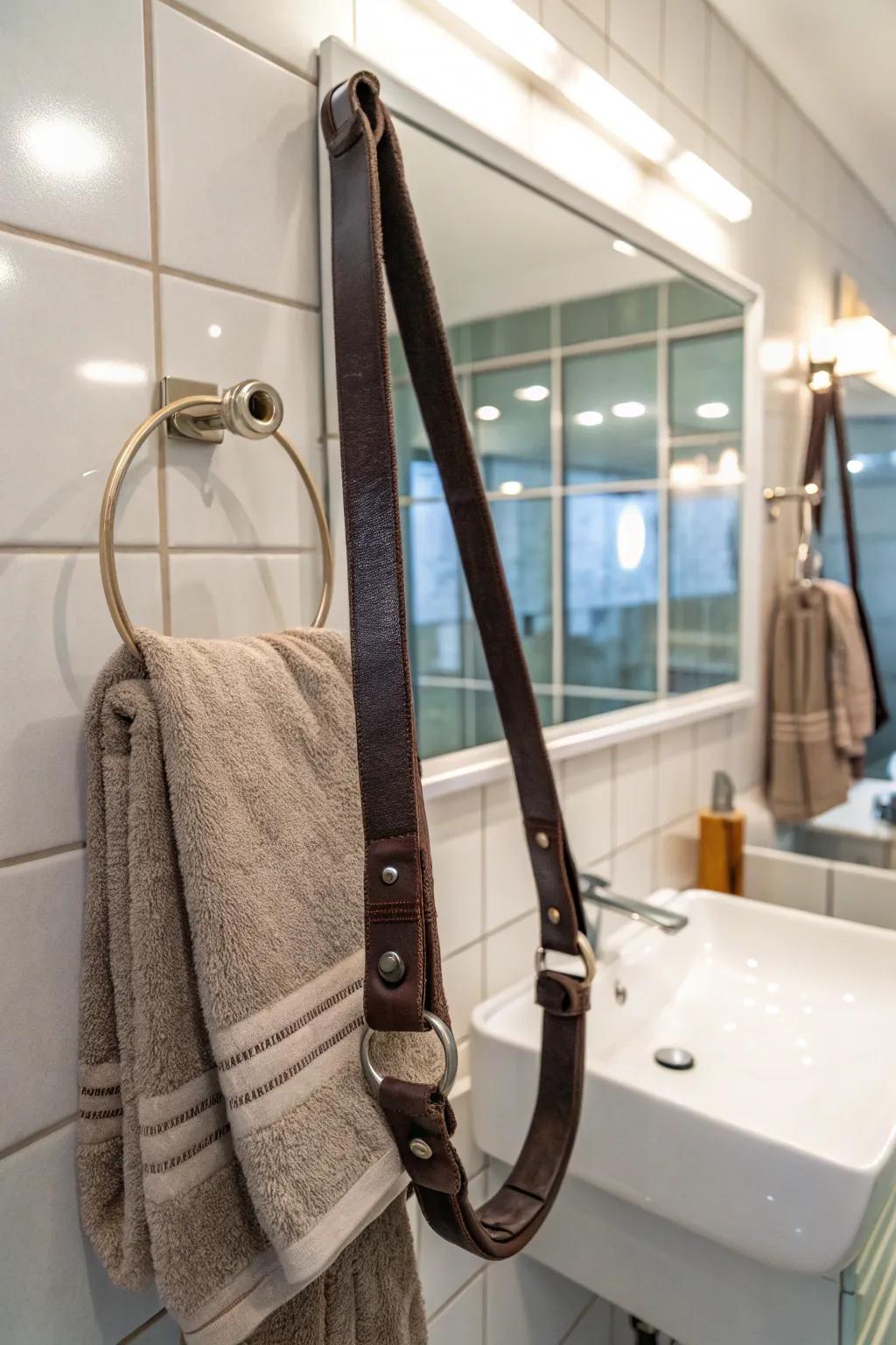 Hide strap fasteners convey texture and warmth.