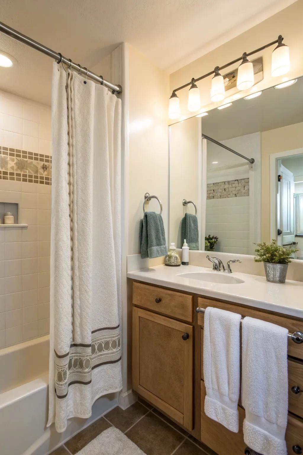A shower rod innovatively repurposed into a towel shelf.
