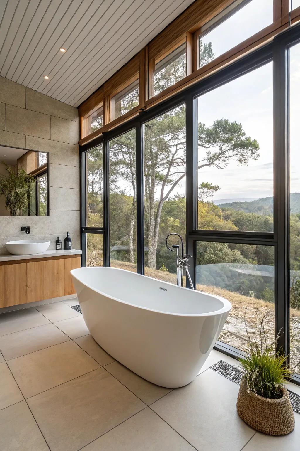 A bathtub with a unique form forges a strong statement in this bathroom.