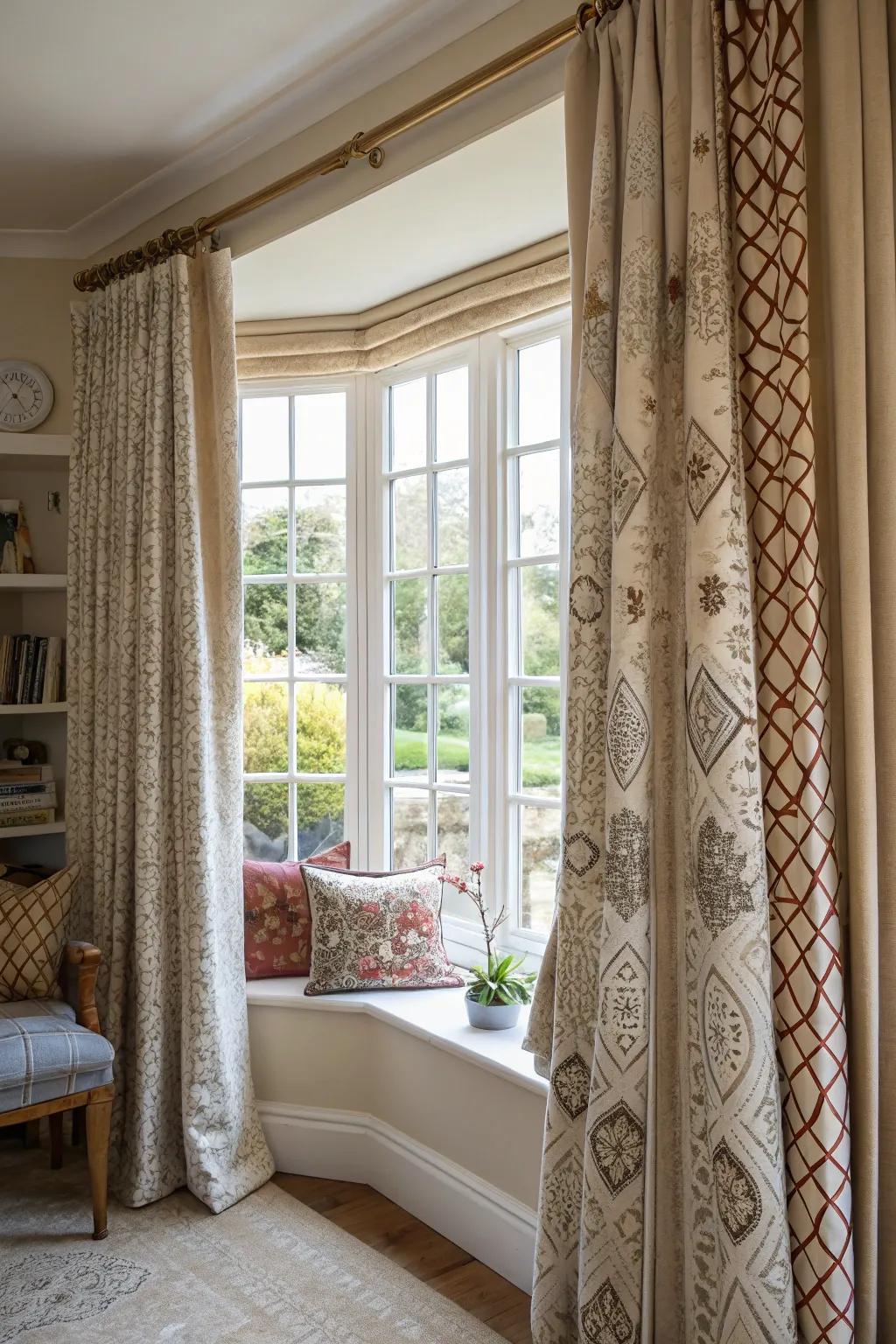 Handmade window coverings include a unique and handcrafted nudge to bay windows.