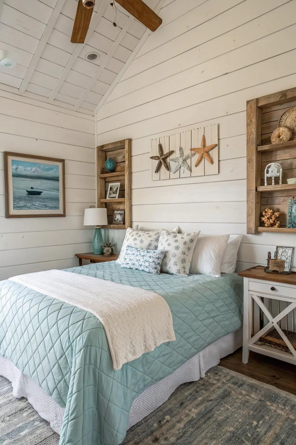 Shiplap walls add rustic charm to your coastal bedroom.