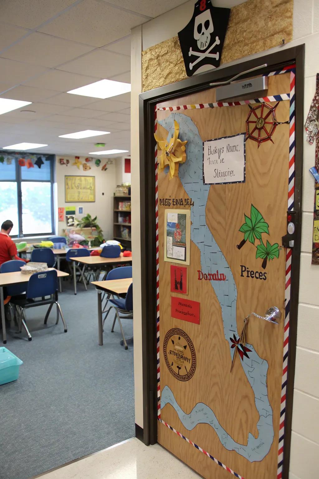 Classroom entrance featuring a buccaneer's bay theme for imaginative adventures.