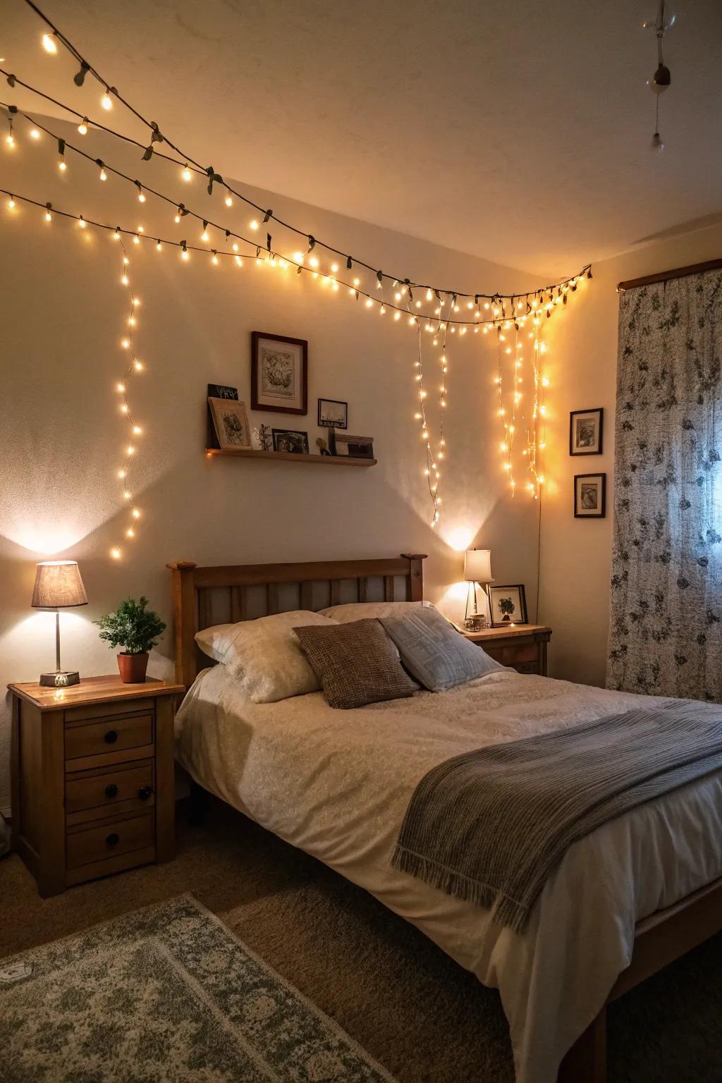 Ambient lighting transforms the mood of a bedroom.