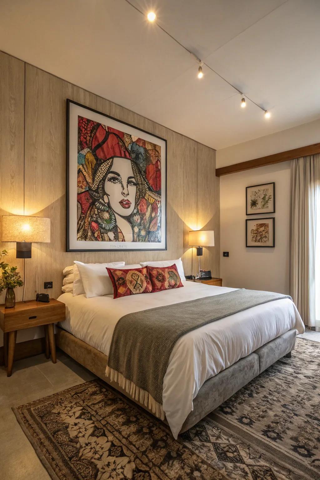 Bold artwork imparts color and personality to this fashionable bedroom.