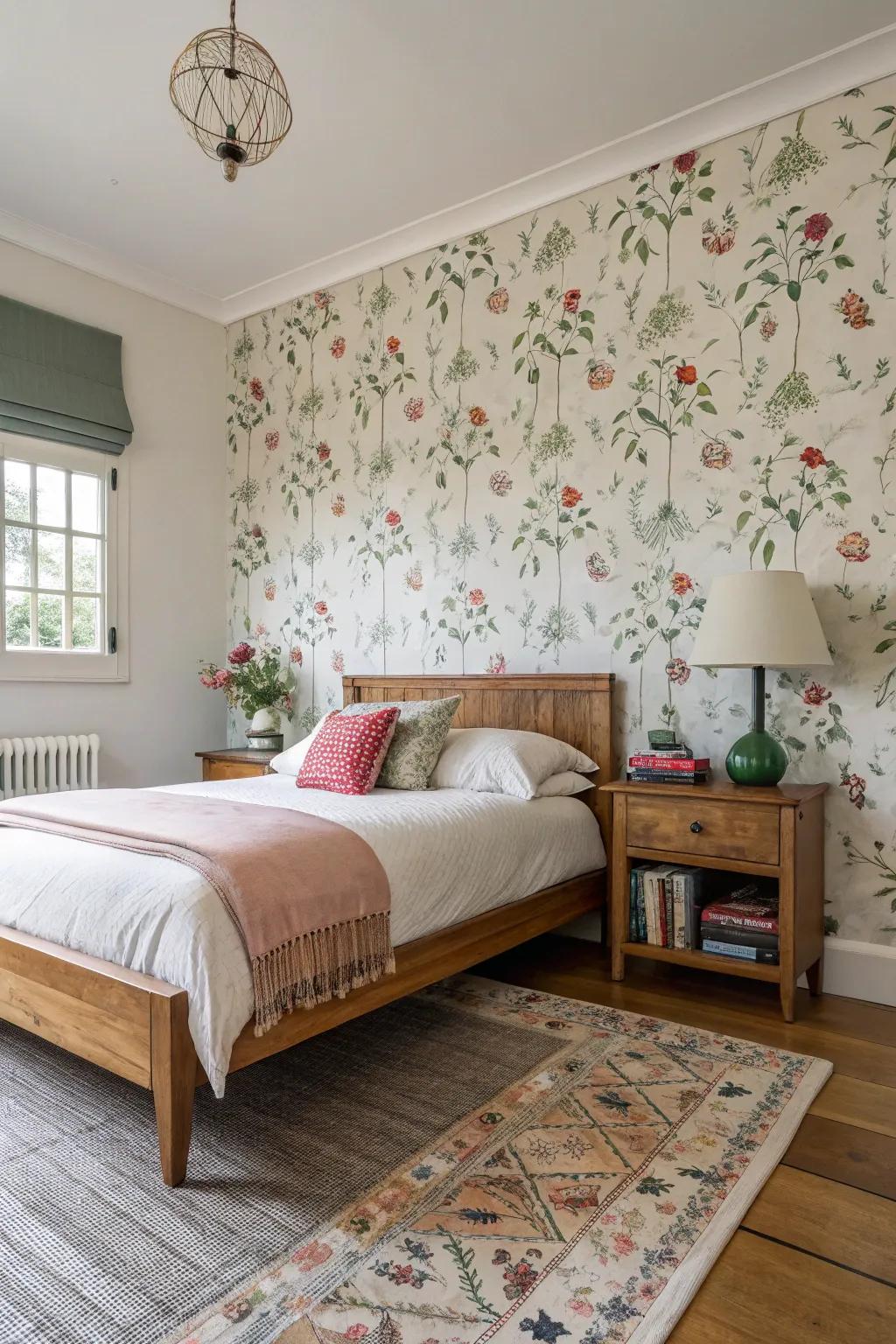 A bedroom showcasing an enthralling wall feature.