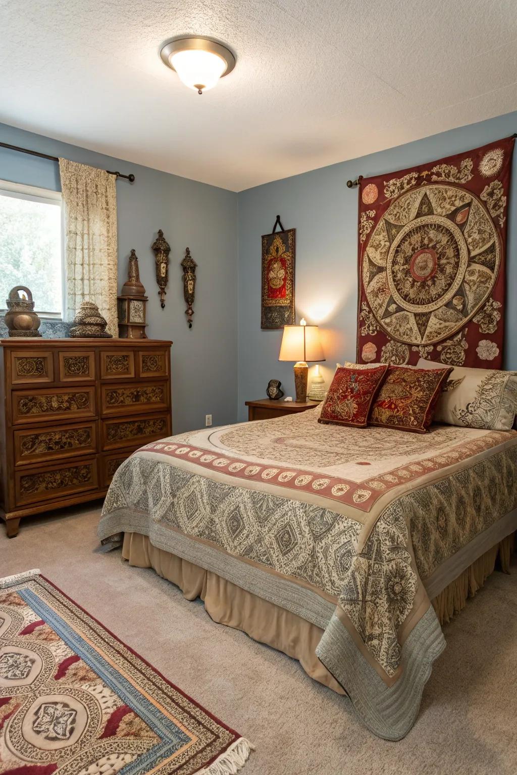Cultural aspects add depth and uniqueness to a beige carpeted bedroom.