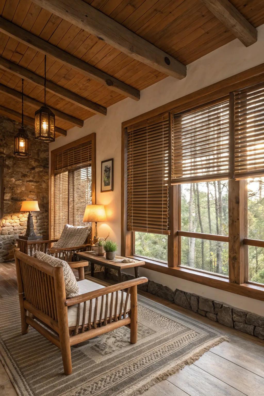 Woody coverings enhancing rustic and cozy interiors.