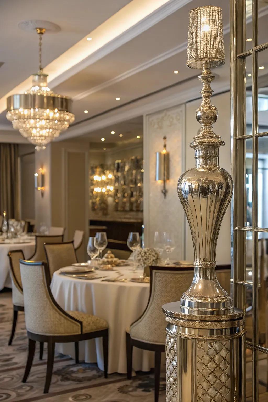 Shiny accents introduce glam and reflect radiance in dining rooms.