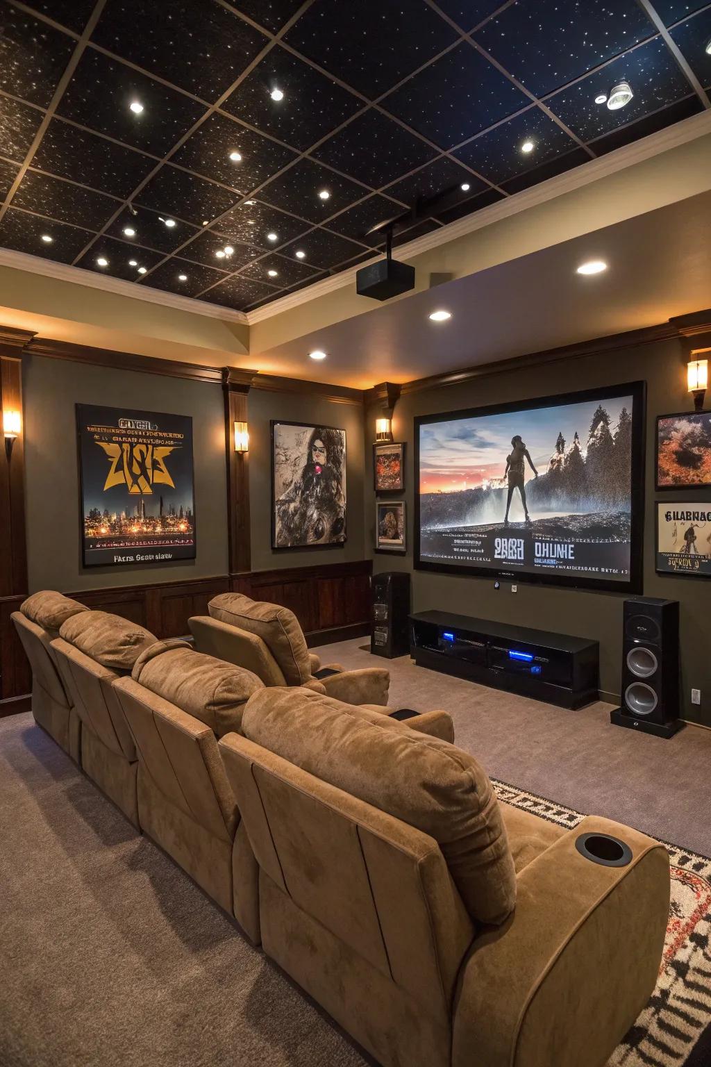 Themed seating introduces a personal and unique touch to this home cinema.