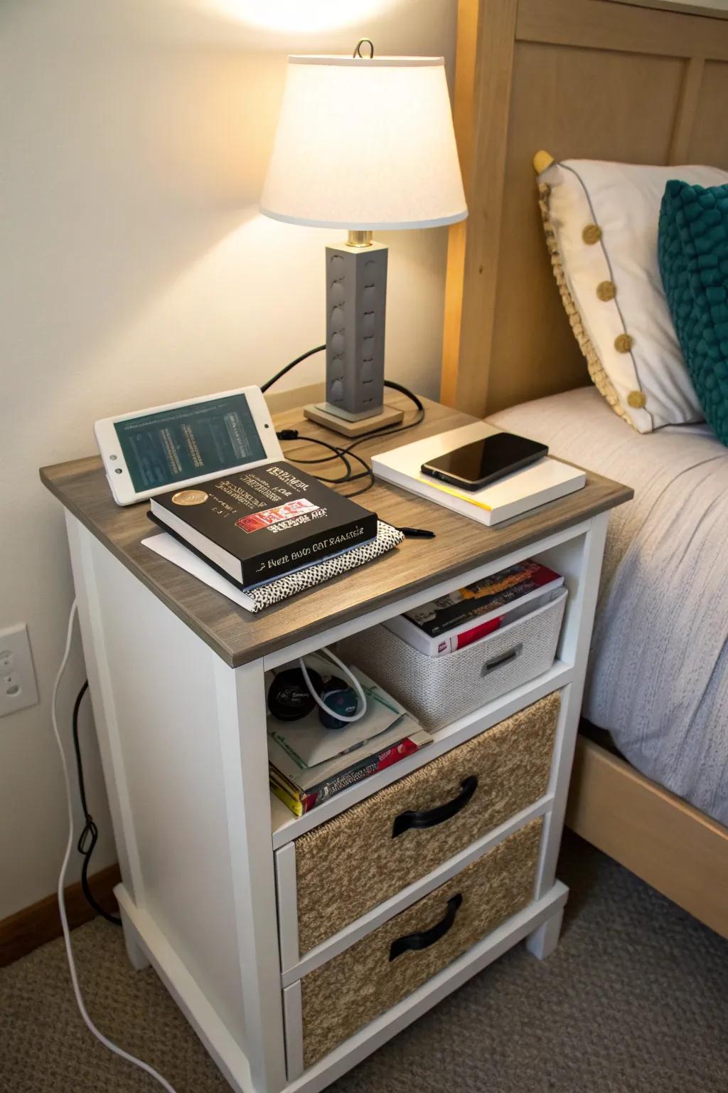 Combine function and style using a multi-purpose bedside table.
