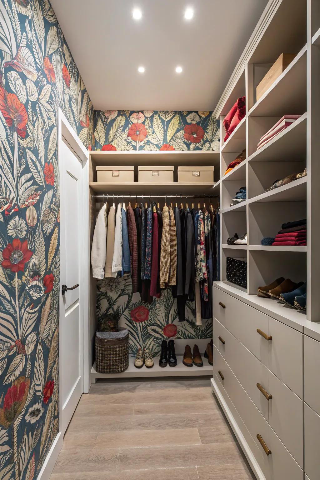 A closet showcasing a striking highlight wall featuring unique wallpaper.