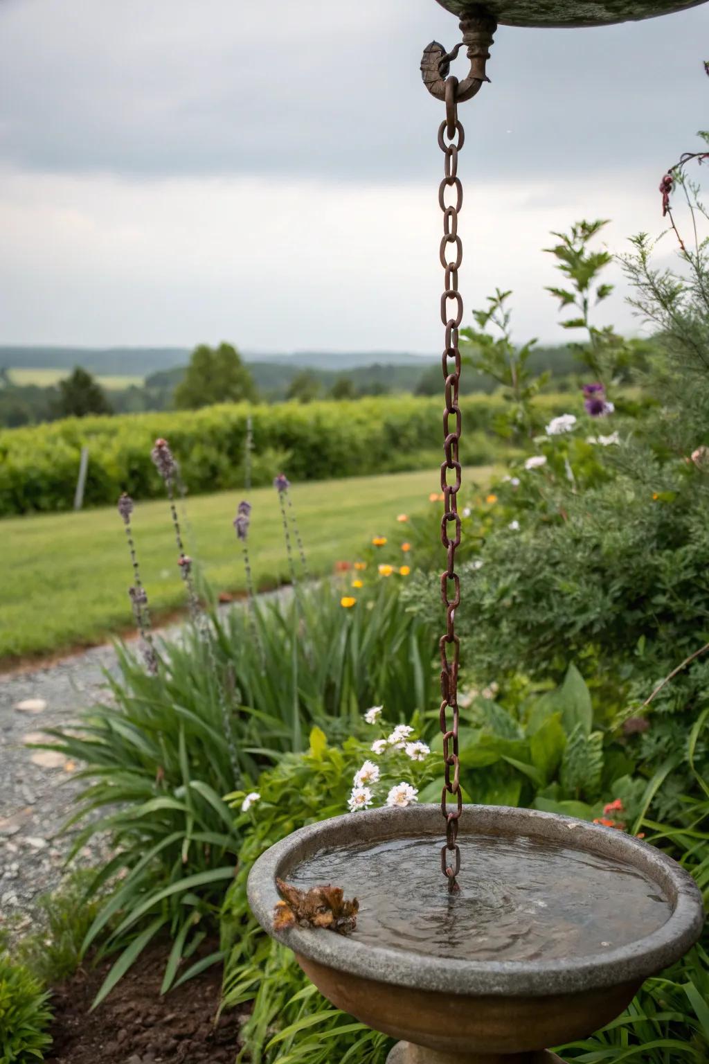 A precipitation conduit bird bath culminating in a soothing hydration cascade.